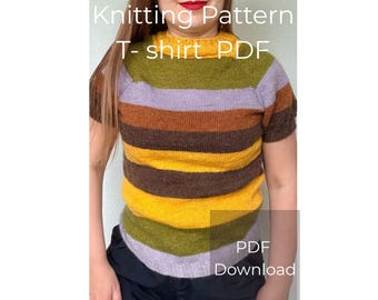 May include: A knitted t-shirt with horizontal stripes in shades of yellow, brown, purple, and green. The shirt has short sleeves and a round neckline. Text on the image reads "Knitting Pattern T-shirt PDF Download."