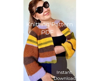 May include: A cropped, long-sleeved knit cardigan featuring horizontal stripes in shades of brown, yellow, olive green, and lavender. The garment has a round neckline and an open front. The text Knitting Pattern PDF and Instant Download is visible.