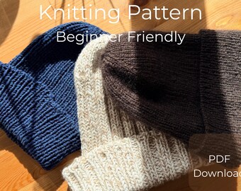 May include: Three knitted beanies in blue, cream, and brown are displayed. The blue beanie is on the left, the cream beanie is in the middle, and the brown beanie is on the right. Text at the top reads "Knitting Pattern" and "Beginner Friendly". "PDF Download" is at the bottom.