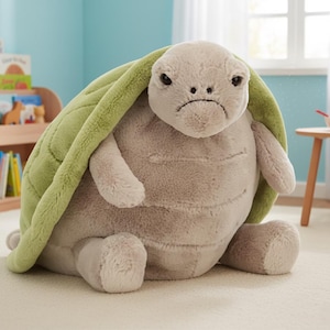 May include: A large, plush turtle stuffed animal in shades of gray and green. The turtle has a grumpy expression and is sitting on a light-colored rug. The turtle's shell is green, and its body is gray.