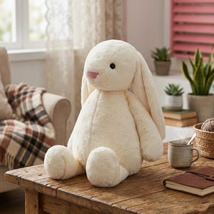 May include: A plush, cream-colored bunny rabbit with long, floppy ears and a pink nose sits on a wooden table. The stuffed animal has black eyes and is surrounded by a cozy, homey setting with plants and a cup of coffee.