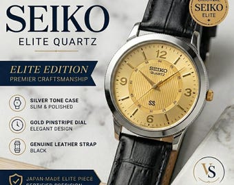 Seiko slanke quartz-dresswatch | Zilverkleurige kast gouden wijzerplaat | Vintage minimalistisch polshorloge | Klassieke leren band | Cadeau voor mannen