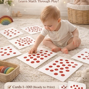 May include: A baby interacts with red dot quantity cards (1-100) on a white rug. The cards are white with red dots, designed for early math learning. The text on the cards reads "Learn Math Through Play!" and "Glenn Doman-Inspired Early Math Set."