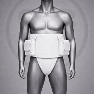 Puede incluir: Una prenda de soporte abdominal blanca y acolchada con dos bolsillos laterales y una parte inferior tipo slip, exhibida en un maniqu&iacute;. El soporte se envuelve alrededor de la cintura y las caderas. El maniqu&iacute; es plateado sobre un fondo gris.