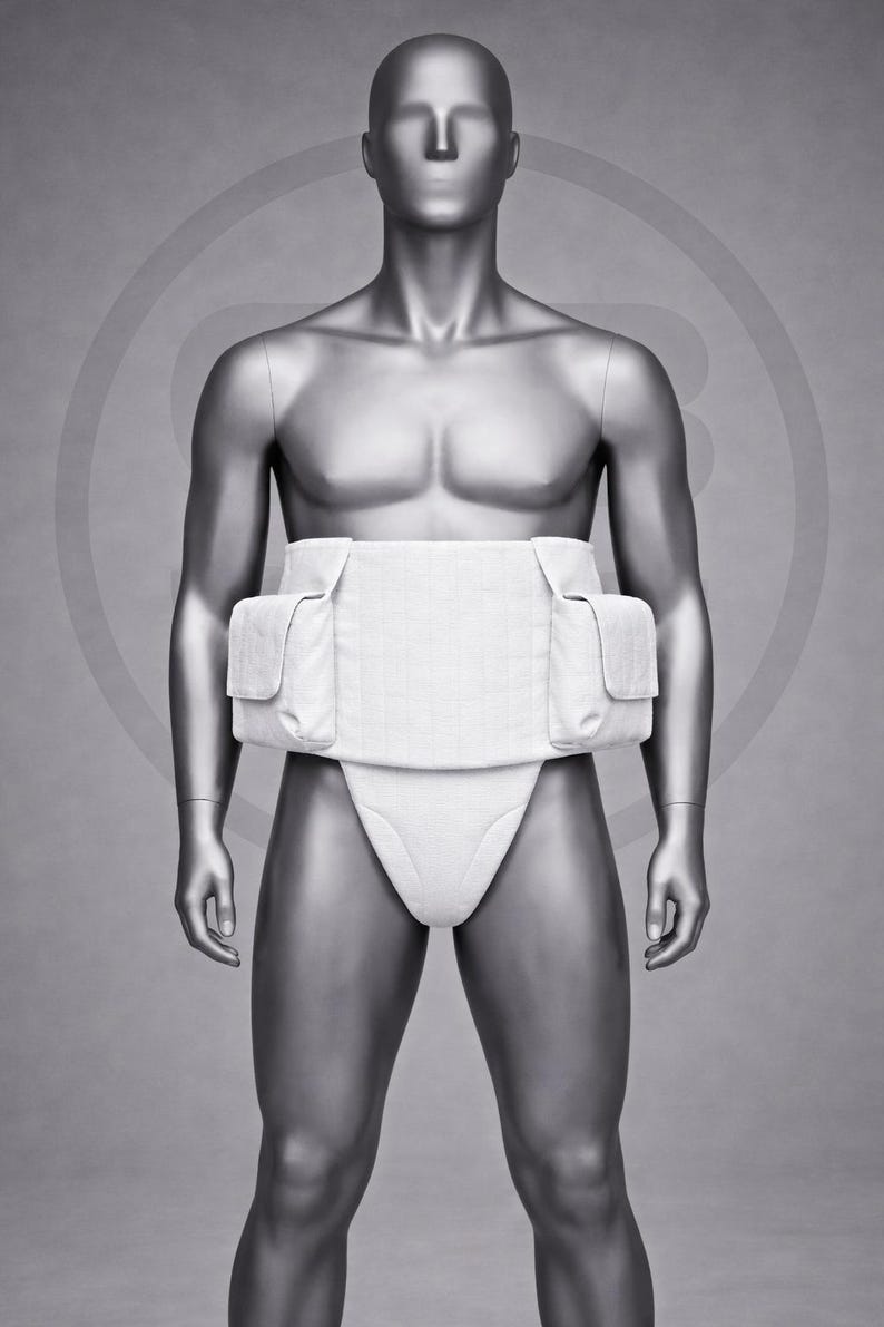 Puede incluir: Una prenda de soporte abdominal blanca y acolchada con dos bolsillos laterales y una parte inferior tipo slip, exhibida en un maniqu&iacute;. El soporte se envuelve alrededor de la cintura y las caderas. El maniqu&iacute; es plateado sobre un fondo gris.