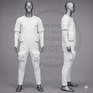 Könnte beinhalten: Weißer Overall mit mehreren Taschen und kurzen Ärmeln, auf einer Schaufensterpuppe präsentiert. Das Outfit hat einen Reißverschluss vorne und lange Ärmel unter den kurzen Ärmeln. Die Schaufensterpuppe trägt graue Schuhe.