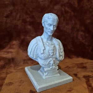 Puede incluir: Busto gris claro de un hombre con pelo corto, que lleva una prenda tipo toga. El busto está montado sobre una base cuadrada. La escultura tiene rasgos faciales detallados y está sobre un fondo marrón.