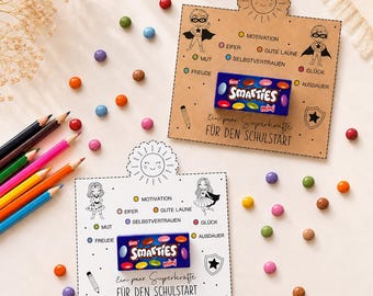 Mini Smarties First-Day-of-School Card: A4 Printable PDF with Superhero Theme, Superpowers, Encouragement, Sun-Shaped Design, Gift for Kids