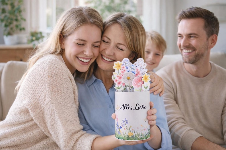 K&ouml;nnte beinhalten: Eine Familie umarmt sich und h&auml;lt eine wei&szlig;e Karte mit einem floralen Pop-up-Design. Die Karte tr&auml;gt den Text "Alles Liebe" und ist mit bunten Blumen und Gr&uuml;n geschm&uuml;ckt. Die Familie l&auml;chelt.