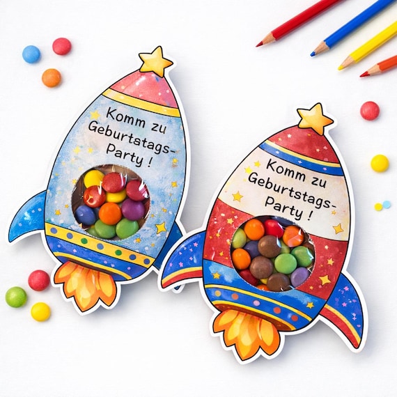 Kindergeburtstag Einladung Rakete – Printable Weltraum Party Einladung – DIY Basteln mit Schokolinsen – A4 PDF Einladung Kinder