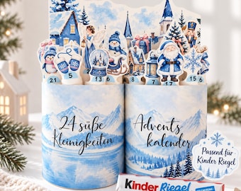 Kinder Riegel Mini Advent Calendar with 24 Designs and Blank Templates | Blue Winter Town | Printable Wrappers | Christmas DIY