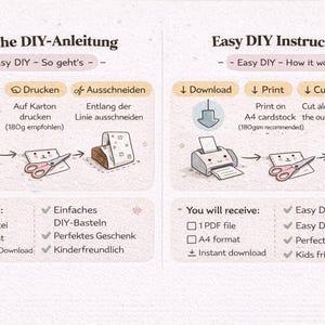 May include: An illustrated guide with the text "Easy DIY Instructions" and "Easy DIY - How it works." The steps include downloading, printing, cutting, and wrapping. The image shows a printer, scissors, and a gift box.