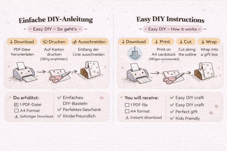 May include: An illustrated guide with the text "Easy DIY Instructions" and "Easy DIY - How it works." The steps include downloading, printing, cutting, and wrapping. The image shows a printer, scissors, and a gift box.
