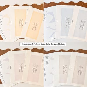 May include: A collection of four sets of stationery cards in various pastel colors: yellow, pink, blue, and beige. Each card features the phrases "Ein kleines Dankesch&ouml;n" and "Ich mag dich volle Kanne". The text "Insgesamt 4 Farben: Rosa, Gelb, Blau und Beige" is also visible.