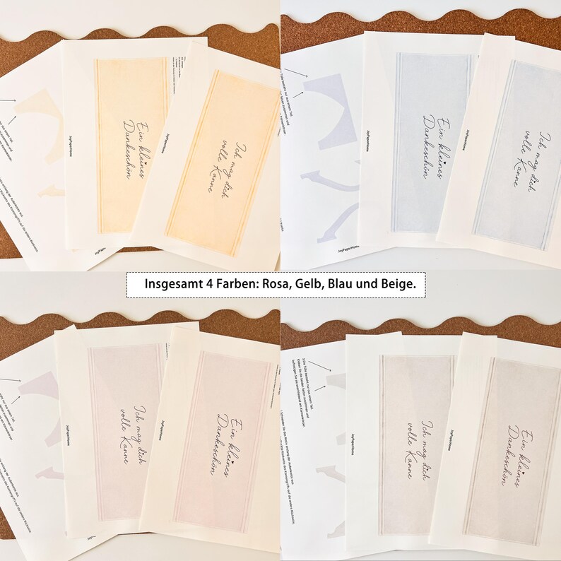 May include: A collection of four sets of stationery cards in various pastel colors: yellow, pink, blue, and beige. Each card features the phrases "Ein kleines Dankesch&ouml;n" and "Ich mag dich volle Kanne". The text "Insgesamt 4 Farben: Rosa, Gelb, Blau und Beige" is also visible.