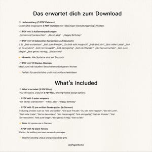 K&ouml;nnte beinhalten: Eine Produktbeschreibung zum digitalen Download in deutscher Sprache auf wei&szlig;em Hintergrund. Der Text enth&auml;lt S&auml;tze wie &bdquo;Happy Birthday&ldquo; und &bdquo;Alles Liebe&ldquo;. Das Produkt umfasst 3 PDF-Dateien mit Au&szlig;enverpackungen, Blumenzitaten und leeren Blumen.