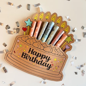Puede incluir: Una tarjeta marrón con forma de pastel de cumpleaños con las palabras "Happy Birthday" en negro. La tarjeta contiene billetes enrollados, con estrellas, corazones y velas. Confeti plateado rodea la tarjeta sobre una superficie blanca.