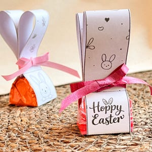 May include: Two Easter-themed candy wrappers. Each wrapper is orange and wrapped with a pink ribbon. One has bunny ears and a bunny drawing. The other has the text "Hoppy Easter" and bunny drawings.