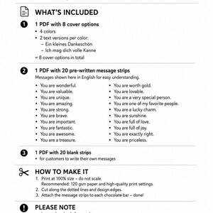 May include: Digital download graphic with text: "What's Included & How to Make It." Includes 1 PDF with 8 cover options, 1 PDF with 20 pre-written message strips, and 1 PDF with 20 blank strips. Instructions on how to print and assemble the message strips are also included.