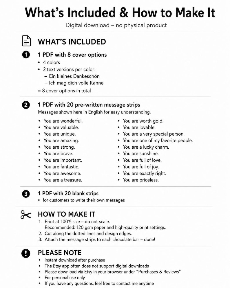 May include: Digital download graphic with text: "What's Included & How to Make It." Includes 1 PDF with 8 cover options, 1 PDF with 20 pre-written message strips, and 1 PDF with 20 blank strips. Instructions on how to print and assemble the message strips are also included.