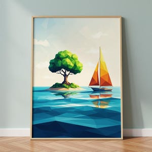 May include: Geometric art print featuring a sailboat with orange and yellow sails sailing near a small island with a green tree. The water is a deep blue, and the sky is light blue with white clouds. The artwork is framed in a light brown wooden frame.