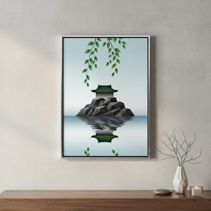 Könnte beinhalten: Gerahmter Kunstdruck mit einer ruhigen japanischen Szene. Ein kleines Gebäude mit grünem Dach sitzt auf einer felsigen Insel, die sich im Wasser spiegelt. Grüne Blätter hängen herab und verleihen dem Kunstwerk eine natürliche Note.