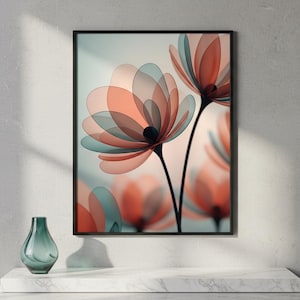 Pode incluir: Uma impressão de arte emoldurada com flores translúcidas em tons de coral e verde-azulado. A obra de arte é colocada sobre um fundo suave e neutro. Um pequeno vaso de vidro verde-azulado está sobre uma prateleira de mármore branco.