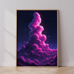 Puede incluir: Una impresión artística enmarcada que presenta una formación de nubes geométricas estilizadas en tonos rosa y púrpura sobre un cielo estrellado azul oscuro. La obra de arte tiene una estética digital moderna y está enmarcada en madera.