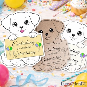 Puede incluir: Tres invitaciones de cumpleaños con forma de cachorro. Dos son blancas, una es marrón. Cada cachorro sostiene un letrero con el texto alemán "Einladung zu meinem Geburtstag" e ilustraciones de globos. Decoraciones de fiesta dispersas.
