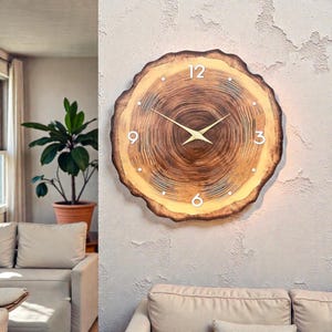 Reloj de pared de madera con anillo chapado, 30 cm, silencioso, sin tictac, con textura de cruz, estilo rústico, redondo, de madera, decoración minimalista de naturaleza para el hogar.