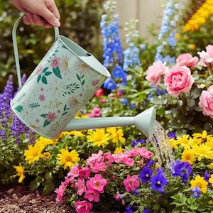 May include: A light blue metal watering can with a floral pattern of pink and white flowers and green leaves is pouring water onto a bed of colorful flowers. The can has a long spout and a curved handle.