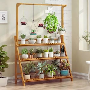 Op de afbeelding: Een houten plantenstandaard met drie planken en een ophangstang. De standaard bevat diverse potplanten, waaronder vetplanten en hangplanten in glazen terrariums. Het hout heeft een natuurlijke afwerking en de planten zijn groen.