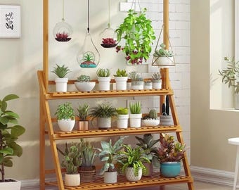 Supporto per piante pieghevole a 3 livelli in bambù, vaso sospeso, espositore da giardino multistrato, scala e mensola per interni/esterni, balcone, soggiorno, patio.