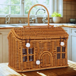 Op de afbeelding: Een huisvormige mand van gevlochten wilgentenen met een handvat. De mand is geweven in een lichtbruine kleur en heeft een dak, een deur en twee ramen. Het heeft witte, ronde sluitingen. Het gebogen handvat is gemaakt van hetzelfde geweven materiaal.