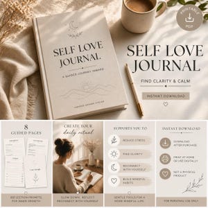 Könnte beinhalten: Ein beiges Self Love Journal mit dem Text "Self Love Journal" und "A Guided Journey Inward". Das Journal enthält 8 geführte Seiten und Reflexionsaufforderungen für inneres Wachstum. Das Bild enthält auch einen Stift, eine Tasse Kaffee und die Worte "Find Clarity & Calm".