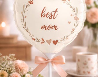 Best Mom Heart Balloon 6 | Floral Wreath Mini Balloon on Stick | Mothers Day Gift Topper | Cute Gift for Mom |Table Decoration