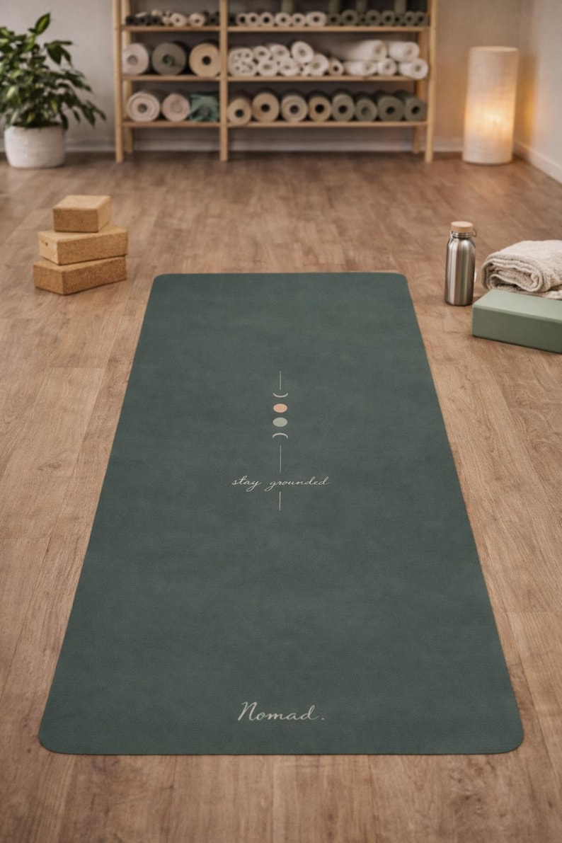 Personalized Yoga Mat Moon Phase | Custom Name Yoga Mat | Minimalist Boho Yoga Mat | Stay Grounded Mat | Neutral Aesthetic Non Slip Mat image 1