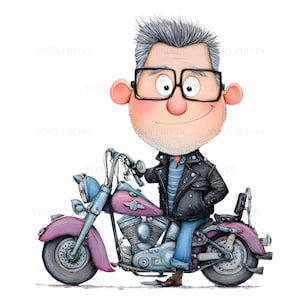 May include: A cartoon illustration of a man with gray hair and glasses riding a pink and blue motorcycle. He wears a black leather jacket, blue jeans, and brown boots. The motorcycle has a classic design with a large front headlight and a detailed engine.