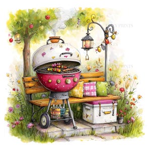 Può includere: Un'illustrazione ad acquerello di un barbecue rosa con coperchio bianco, con spiedini sulla griglia. Una panca in legno con cuscini gialli, rosa e verdi si trova dietro, accanto a un frigorifero portatile bianco e un lampione da giardino nero.