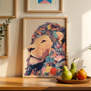 Majestätisch Löwenkopf brechenden Ozeanwellen surreale Pop Art Drucke eklektisches Tier Poster schrulligen Raumdekor druckbare digitaler Download