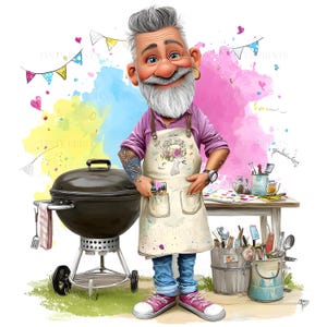 Op de afbeelding: Een cartoon illustratie van een man met een witte baard en tatoeages, gekleed in een roze shirt, schort en jeans. Hij staat naast een zwarte grill. De achtergrond bevat kleurrijke verfspatten en decoratieve banners.