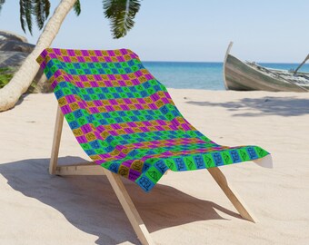 Kleurrijk kampeerstrandhanddoek met ruitpatroon | Helder retro tegelontwerp