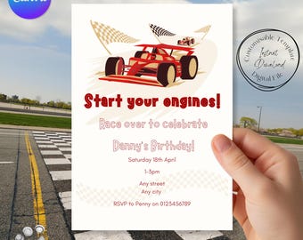 Invito di compleanno a tema auto da corsa, modello Canva personalizzabile (download digitale)