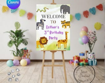 Zoo Animal themed Welcome Sign Template, Party Printable, Canva Template (Digital Download)