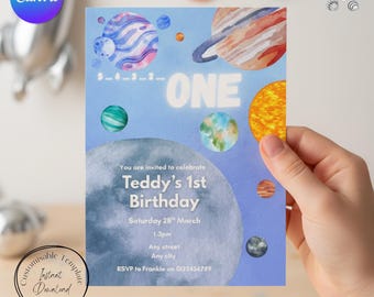 5432...Invito per festa a tema spaziale, primo compleanno, modello Canva personalizzabile (download digitale)