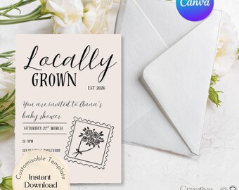 Editable Baby Shower Invitation, Locally Grown Theme, Digital Canva Template, Customizable Instant Download