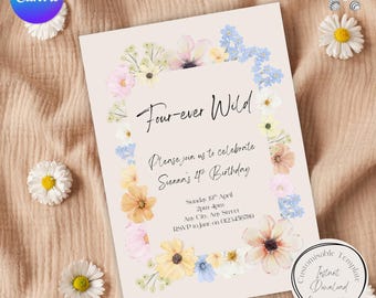 Invito per la festa "Four-ever Wild Party", 4° compleanno a tema fiori selvatici, modello Canva (download digitale)