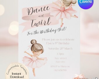 Invito di compleanno a tema balletto, modello Canva per feste per bambini (download digitale)