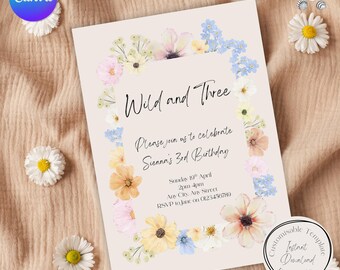 Invito per la festa "Wild & Three", terzo compleanno a tema fiori selvatici, modello Canva (download digitale)