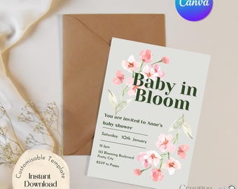Invito modificabile per baby shower, Baby in Bloom, download immediato, giardino acquerello
